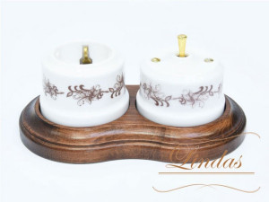 Кнопка-тумблер для диммера, Белый/Коричневый орн. с латунной ручкой, Lindas 34717-G