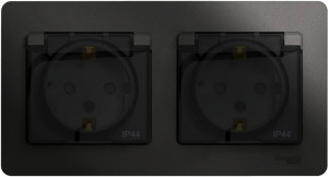 Розетка 2 местная с З/К, крышкой и шторкой IP44, Антрацит, Glossa SE GSL000747