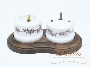 Кнопка-тумблер для диммера, Белый/Коричневый орн. с медной ручкой, Lindas 34717-C