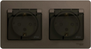 Розетка 2 местная с З/К, крышкой и шторкой IP44, Шоколад, Glossa SE GSL000847