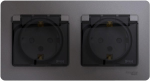 Розетка 2 местная с З/К, крышкой и шторкой IP44, Графит, Glossa SE GSL001347