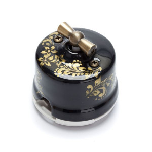 Выключатель фарфоровый поворотный на 2 положения проходной, Черный с золотом, Salvador OP 11BL.GD