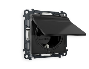 Розетка с З/К с крышкой и шторками, герметичная IP44, Черный матовый, ALFA Quant Ambrella Volt MA808010