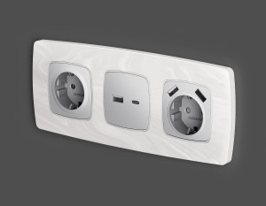 Лицевая панель розетки USB для быстрой зарядки тип A+C, Серебро глянец, OMEGA Quant Ambrella Volt OP4110