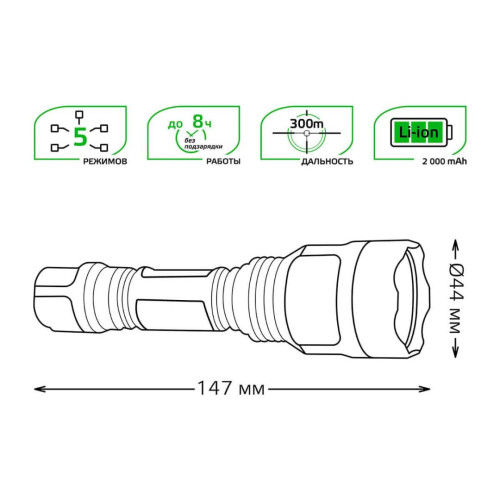 Ручной светодиодный фонарь Gauss аккумуляторный 147х44 400 лм GF205