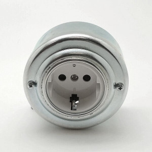 Ретро розетка с З/К из металла, Хром/Белый, Petrucci 201WCR