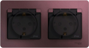 Розетка 2 местная с З/К, крышкой и шторкой IP44, Баклажанный, Glossa SE GSL001147
