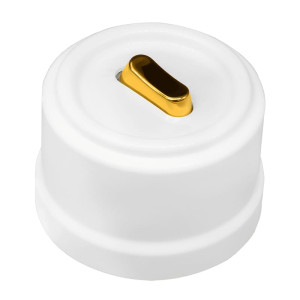 Выключатель пластик кнопочный 1 кл. перекрестный, Белый, ручка Золото, Bironi B1-223-21-G