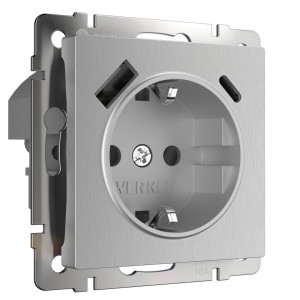Розетка с З/К и USB зарядкой, тип А+С, Серебряный рифленый, Werkel W1171709