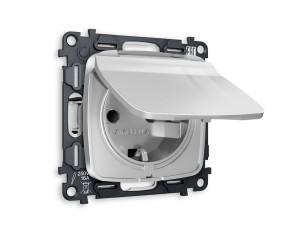 Розетка с З/К с крышкой и шторками, герметичная IP44, Серебро глянец, OMEGA Quant Ambrella Volt MO408010