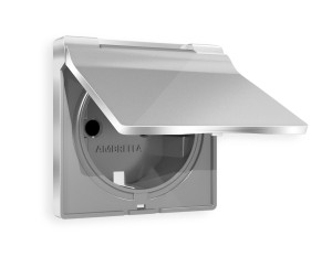 Лицевая панель розетки с З/К с крышкой и шторками, герметичная IP44, Серебро глянец, ALFA Quant Ambrella Volt AP4080