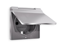 Лицевая панель розетки с З/К с крышкой и шторками, герметичная IP44, Сталь матовый, ALFA Quant Ambrella Volt AP5080