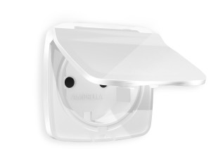 Лицевая панель розетки с З/К с крышкой и шторками, герметичная IP44, Белый глянец, OMEGA Quant Ambrella Volt OP1080