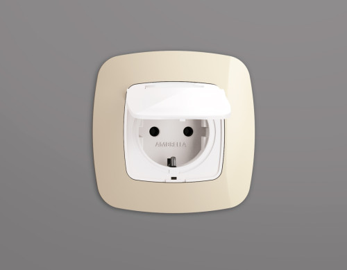 Лицевая панель розетки с З/К с крышкой и шторками, герметичная IP44, Белый глянец, OMEGA Quant Ambrella Volt OP1080