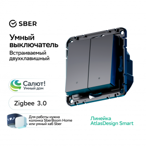 Выключатель 2 кл. с подсветкой, Карбон, AtlasDesign Sber SE ATN001053Z