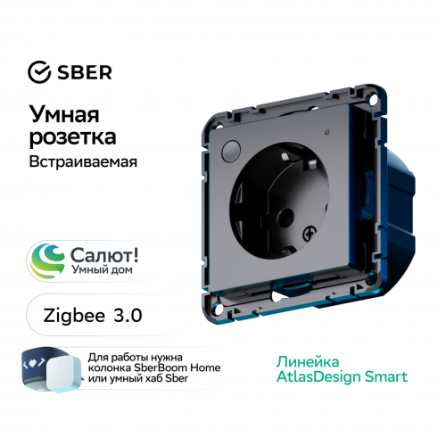 Розетка с З/К со шторками, Карбон, AtlasDesign Sber SE ATN001045Z
