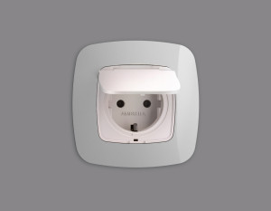 Лицевая панель розетки с З/К с крышкой и шторками, герметичная IP44, Жемчуг, OMEGA Quant Ambrella Volt OP2080