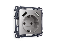 Розетка с З/К и USB зарядкой А+А с шторками, Сталь матовый, ALFA Quant Ambrella Volt MA509010