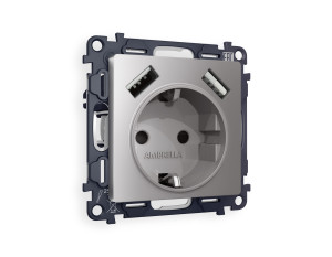 Розетка с З/К и USB зарядкой А+А с шторками, Сталь матовый, ALFA Quant Ambrella Volt MA509010