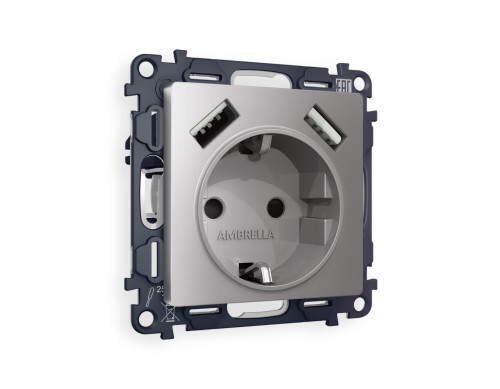 Розетка с З/К и USB зарядкой А+А с шторками, Сталь матовый, ALFA Quant Ambrella Volt MA509010