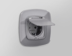 Лицевая панель розетки с З/К с крышкой и шторками, герметичная IP44, Сталь матовый, OMEGA Quant Ambrella Volt OP5080