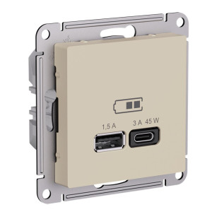 Розетка USB для быстрой зарядки, тип A+C 45Вт, Песочный, AtlasDesign SE ATN001229