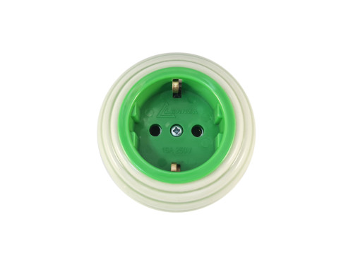 Ретро розетка проходная с 3/К, керамика, зеленый verde, серебристая фурнитура, Leanza РПЗС