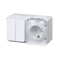 Блок розетка с З/К + выключатель 2 кл., герметичный IP54, Белый, AtlasDesign Profi54 SE ATN540174