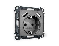 Розетка с З/К и USB зарядкой А+А с шторками, Антрацит серый, ALFA Quant Ambrella Volt MA659010