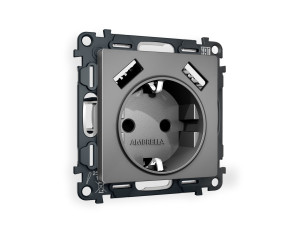 Розетка с З/К и USB зарядкой А+А с шторками, Антрацит серый, ALFA Quant Ambrella Volt MA659010