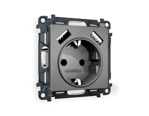 Розетка с З/К и USB зарядкой А+А с шторками, Антрацит серый, ALFA Quant Ambrella Volt MA659010