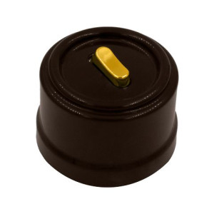 Выключатель пластик кнопочный 1 кл. перекрестный, Коричневый, ручка Золото, Bironi B1-223-22-G