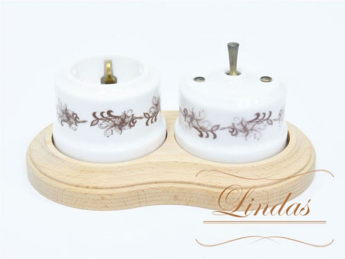 Выключатель керамика тумблерный 1 кл. проходной, белый/коричневый орн. с бронзовой ручкой Lindas 34517-B