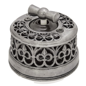 Выключатель фарфоровый поворотный на 2 положения проходной, Состаренное серебро/Коричневый, Salvador OP11DN.BR