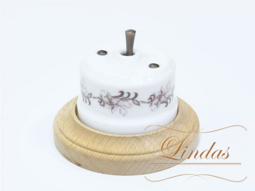 Выключатель керамика тумблерный 1 кл. проходной, белый/коричневый орн. с медной ручкой Lindas 34517-C