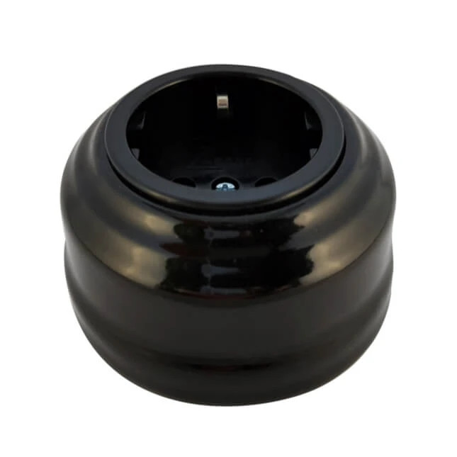 Ретро розетка с 3/К, керамика, Черный Nero, серебристая фурнитура, Leanza РЧC