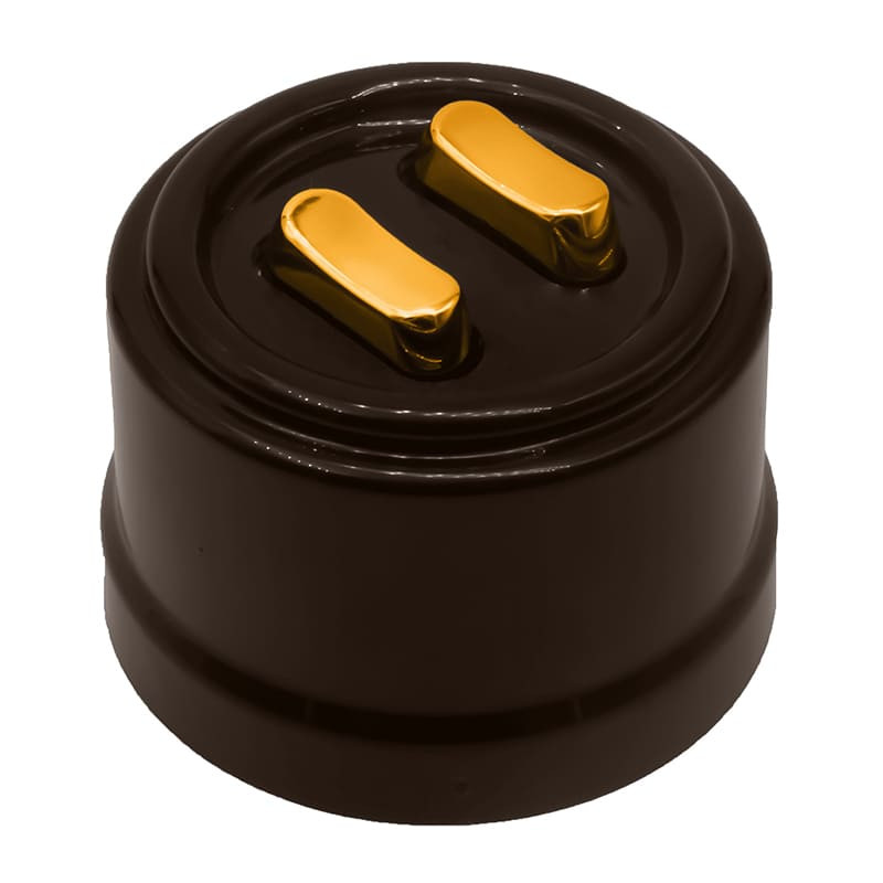 Выключатель пластик кнопочный 2 кл., Коричневый, ручка Золото, Bironi B1-222-22-G