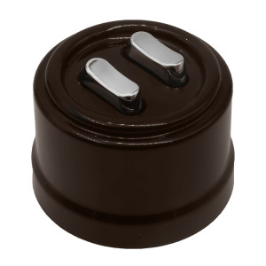 Выключатель пластик кнопочный 2 кл., Коричневый, ручка Серебро, Bironi B1-222-22-S