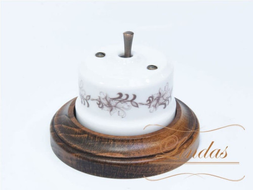 Выключатель керамика тумблерный 1 кл. перекрестный, белый/коричневый орн. с медной ручкой Lindas 34617-C