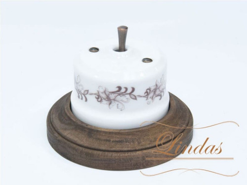 Выключатель керамика тумблерный 1 кл. перекрестный, белый/коричневый орн. с медной ручкой Lindas 34617-C