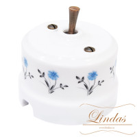 Выключатель керамика тумблерный 1 кл., белый/васильки с медной ручкой Lindas 34418-C