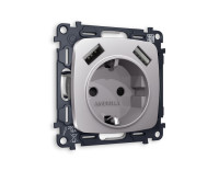 Розетка с З/К и USB зарядкой А+А с шторками, Сталь матовый, OMEGA Quant Ambrella Volt MO509010