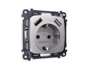 Розетка с З/К и USB зарядкой А+А с шторками, Сталь матовый, OMEGA Quant Ambrella Volt MO509010