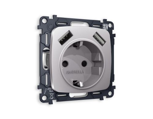 Розетка с З/К и USB зарядкой А+А с шторками, Сталь матовый, OMEGA Quant Ambrella Volt MO509010