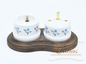 Выключатель керамика тумблерный 1 кл., Белый/Васильки с латунной ручкой, Lindas 34418-G