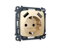 Розетка с З/К и USB зарядкой А+А с шторками, Шампань, OMEGA Quant Ambrella Volt MO609010