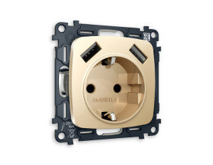 Розетка с З/К и USB зарядкой А+А с шторками, Шампань, OMEGA Quant Ambrella Volt MO609010