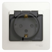 Розетка 1 местная с З/К, крышкой и шторкой IP44, Перламутр, Glossa SE GSL000648