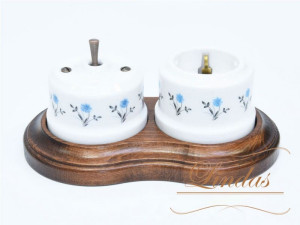 Выключатель керамика тумблерный 1 кл. перекрестный, Белый/Васильки с медной ручкой, Lindas 34618-C