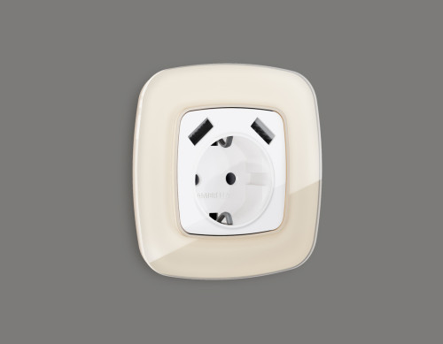 Лицевая панель розетки с З/К и USB зарядкой А+А с шторками, Белый глянец, OMEGA Quant Ambrella Volt OP1090